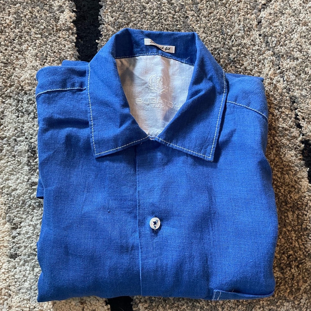 Bugatchi Royal Blue Casual Button-Down 100% Linen Shaped Fit Men’s Camp Shirt